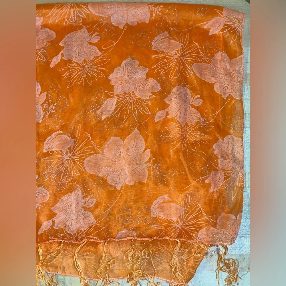 2 beautiful orange scarves‎ bundled. One with beading, then other with sparkle.